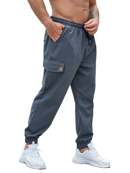 

extended sizes men patched detail flap pocket drawstring waist cargo pants m2zf#, Black