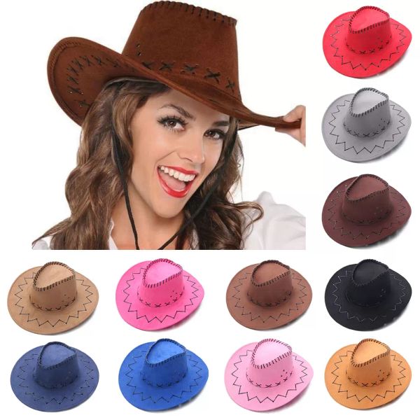 Cappello da cowboy vintage moda stile occidentale camoscio cappello jazz a tesa larga feltro cappelli fedora accessorio per abiti operati per uomo donna FY3768