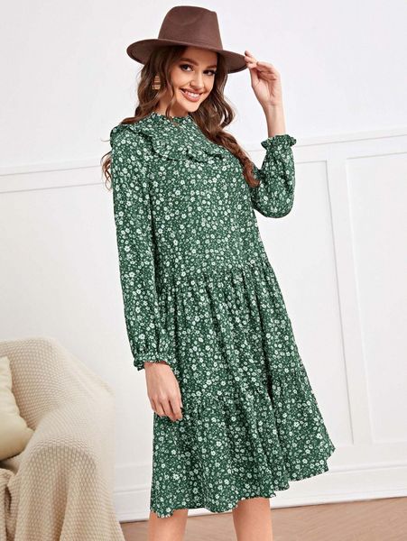 

ditsy floral flounce sleeve ruffle trim smock dress y1rl#, Black;gray