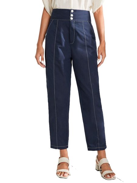 

high waist slant pockets tapered pants l5x1#, Black;white