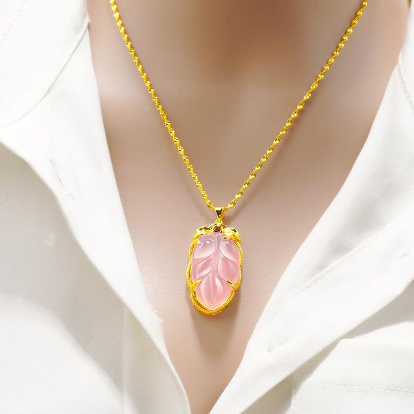 Collane con ciondolo Collana di giada per le donne Foglie Fiore Clavicola Placcato oro 24k Onda d'acqua Catena Girocollo Gioielli da sposa Regali Ciondolo