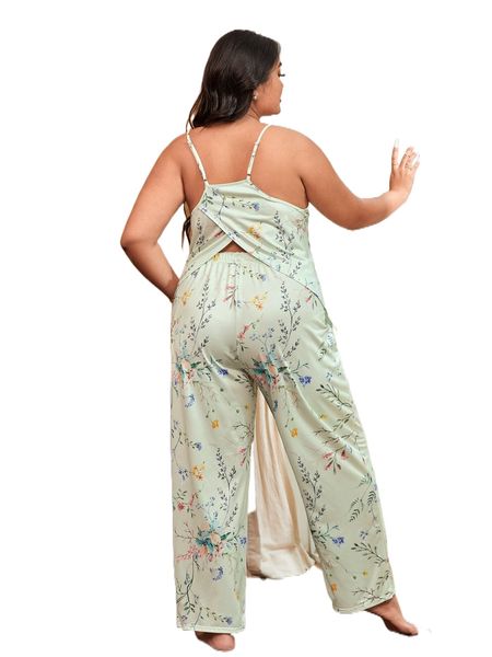 

plus floral print wrap back cami pj set y559#, Black;white