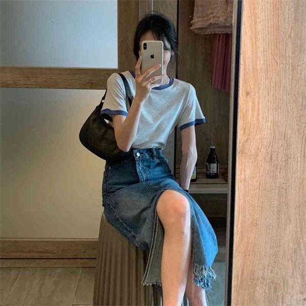 

women's two piece pants set korean soft style color matching t-shirt design sense of niche split high waist denim skirt women bchr, White