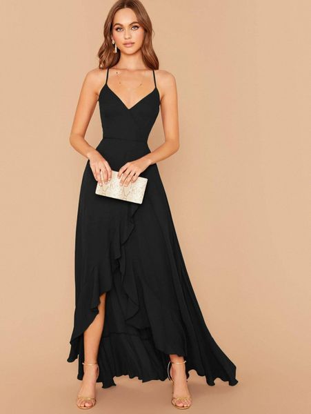 

crisscross lace up back ruffle asymmetrical hem slip dress r8cj#, Black;gray
