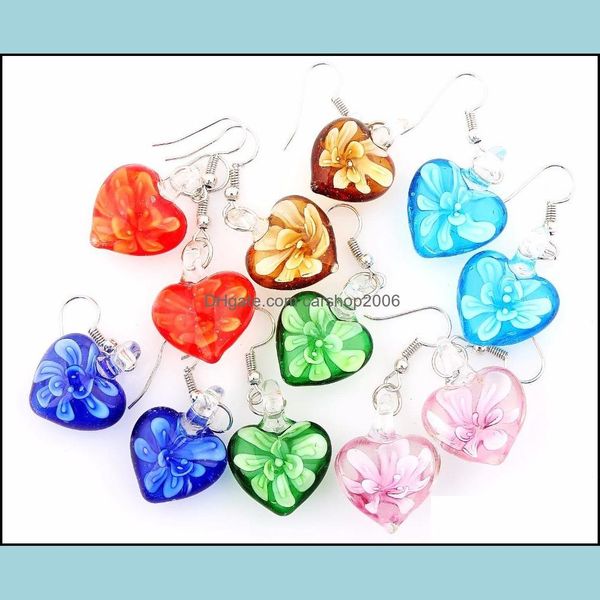 Andere Ohrringe Schmuck Großhandel 6 Paar handgefertigte Murano-Lampwork-Glas-Mischfarben-Frauen-Innenblumen-Herz-Ohrring-Geschenk Dr. Dhkay