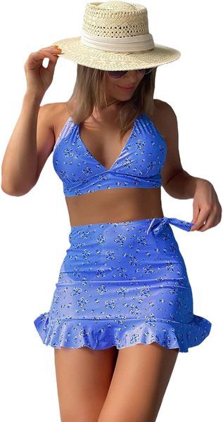 

women's floral 3 piece bathing suit halter bikini swimsuit with cover up skirt o6gr#, White;black