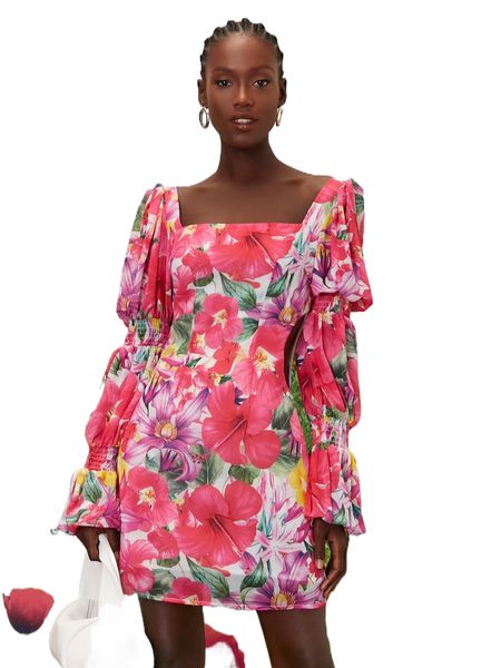 

newness floral print shirred detail flounce sleeve dress k4rp#, Black;gray