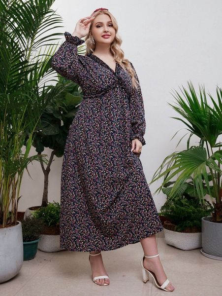 

plus ditsy floral print frill trim flounce sleeve dress b0ho#, Black