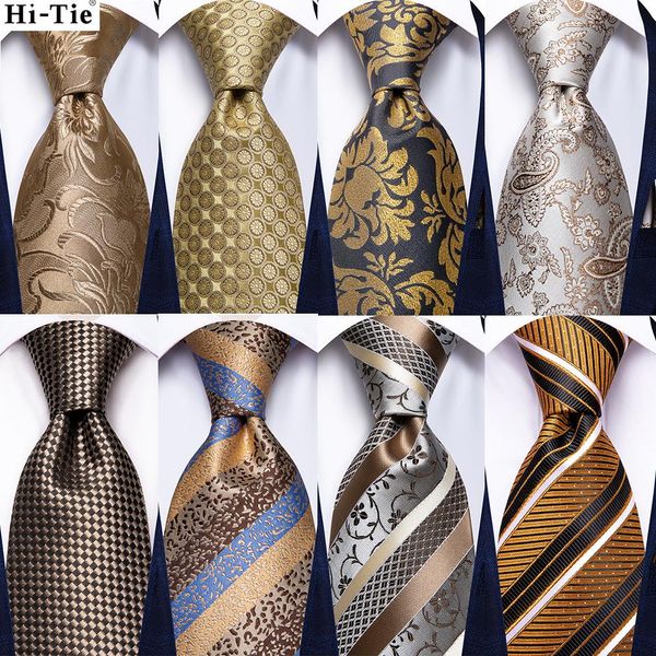 Hi-tie Champagne Gold Striped Paisley Solid Men Cravatta da sposa in seta Fashion Design Cravatta per Hanky Gemello Business Party