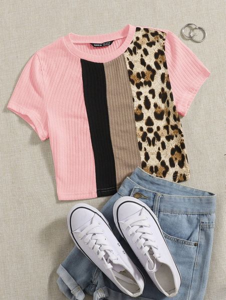 

leopard print colorblock rib-knit tee c6c4#, White