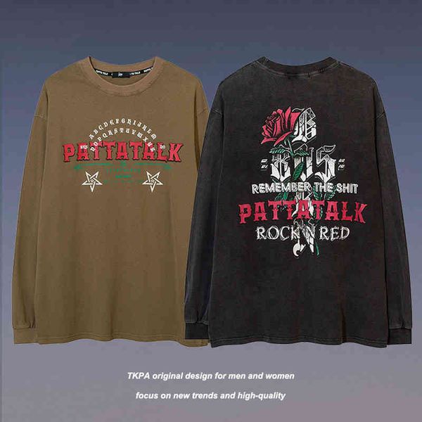 

tkpa american vintage rose print loose oversize long sleeve t-shirt men's and women's national fashion brand sweater ins, Black