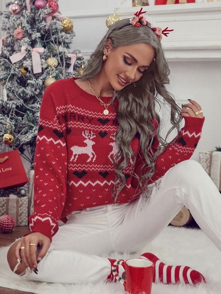 

christmas pattern drop shoulder sweater e6b6#, White;black