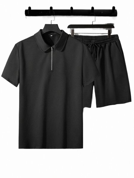 

men quarter zip polo shirt & drawstring waist shorts h3ag#, Gray