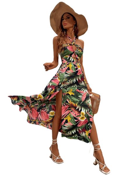 

tropical print cut out halter neck backless slit thigh dress 79sa#, Black;gray