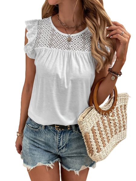 

contrast lace butterfly sleeve tee d1ax#, White