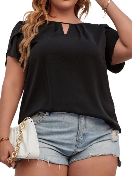 

plus keyhole neck petal sleeve blouse r8jr#, Black