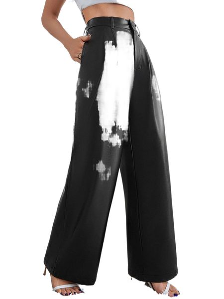 

pu slant pocket wide leg solid pants t8gf#, Black;white