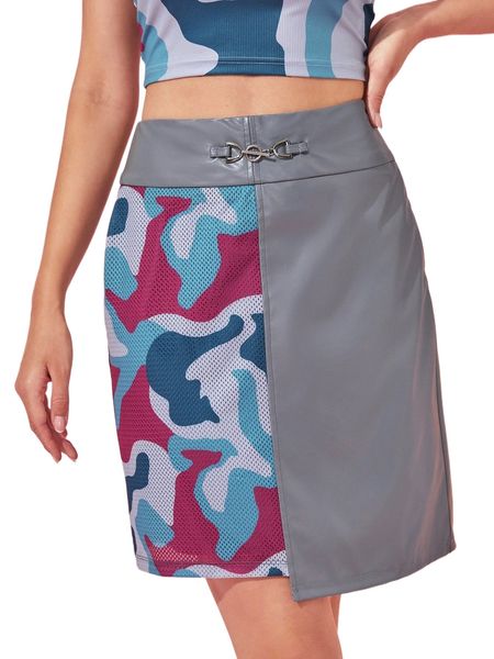 

x nm3 camo print metal detail pu leather skirt l4y2#, Black