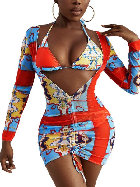 

allover print drawstring triangle bikini swimsuit with cover up q2n0#, White;black