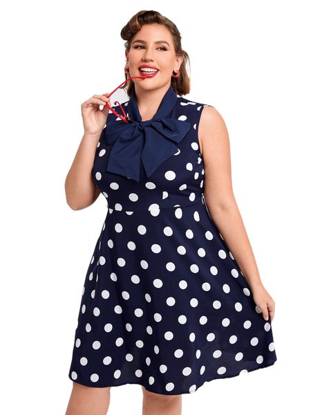 

plus polka dot tie neck dress s7ud#, Black