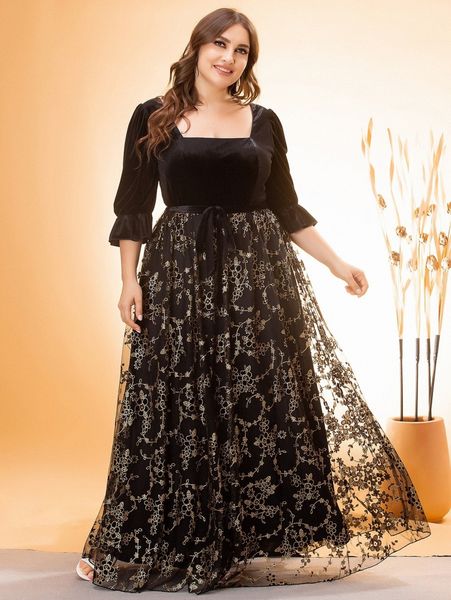 

plus flounce sleeve mesh hem belted velvet prom dress k8rr#, Black