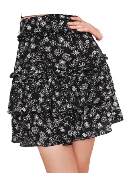 

floral print layered hem skirt y9vs#, Black