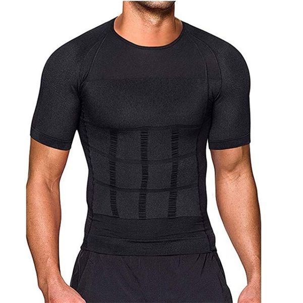 

men body toning tshirt body shaper corrective posture shirt slimming belt belly abdomen fat burning compression corset 220617, White;black