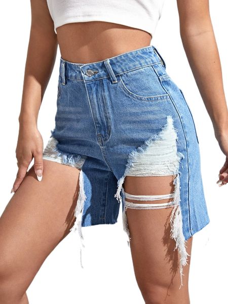 

high waist ripped fringe trim denim shorts x9jb#, White;black