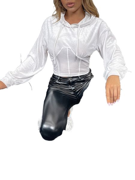 

d&m drop shoulder corset waist drawstring velvet hoodie r78e#, Black