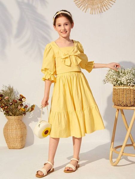 

girls big bow front and ruffle hem skirt set she, White