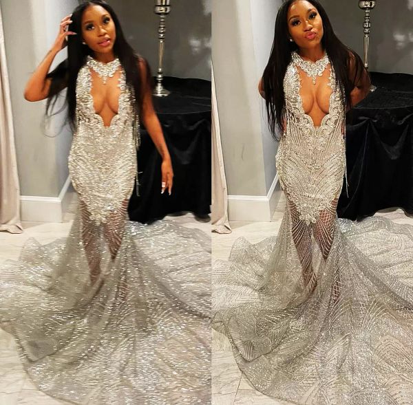 

gorgeous silver sequins prom dresses sleeveless jewel neck crystals beaded lace applique tulle floor length custom made evening party gown v, Black