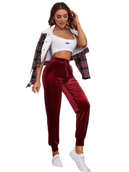 

knot front velvet sweatpants 75i5#, Black;white