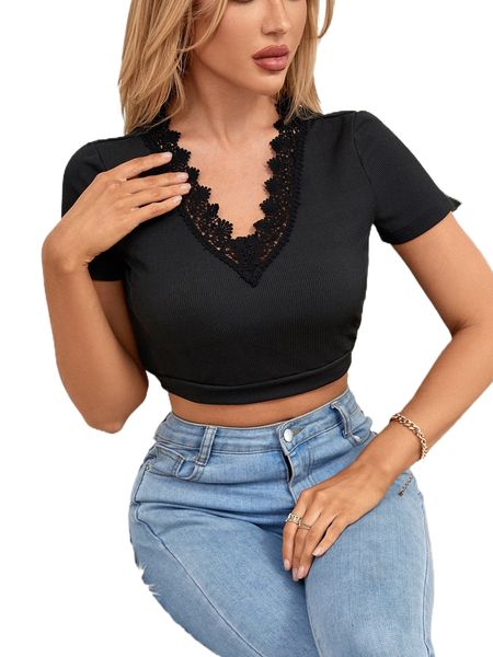 

contrast guipure lace crop tee i7lt#, White