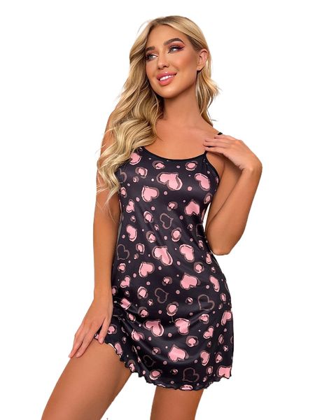 

heart print lettuce trim slip dress d1yu#, Black;red
