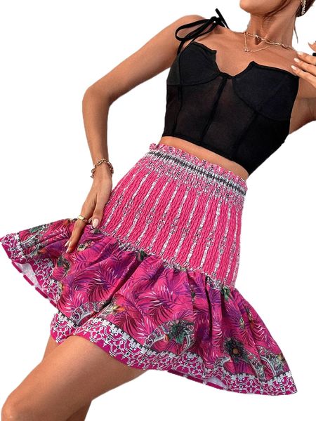 

tropical print shirred high waist skirt x1yb#, Black