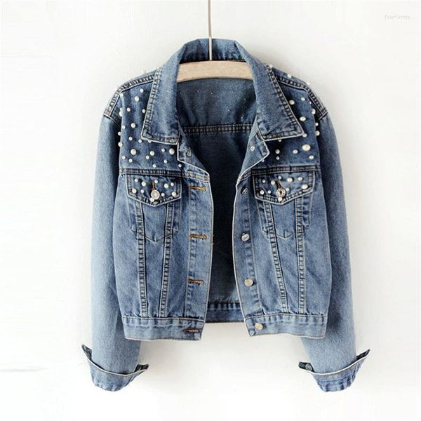 

women's jackets jean jacket women clothes 2022 autumn fashion denim full sleeve loose button pearls short lapel wild leisure, Black;brown