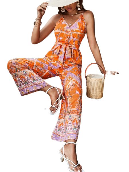 

floral & paisley print belted cami jumpsuit 92jb#, Black;white