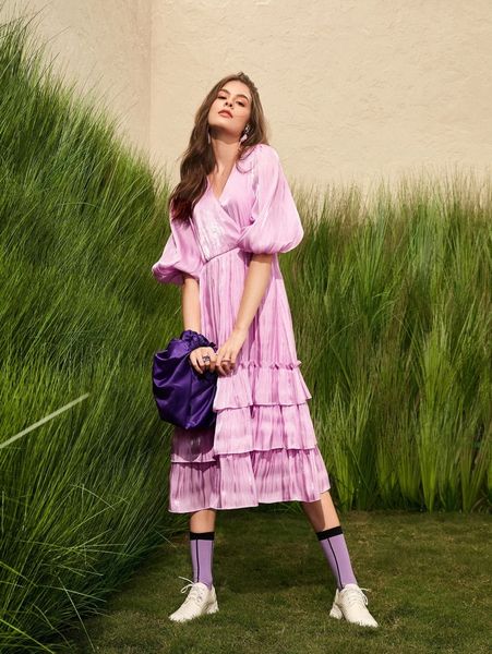 

bishop sleeve layered hem dress without removable collar t6in#, Black;gray