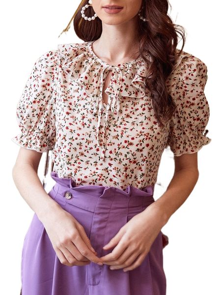 

tie neck floral allover print puff sleeve q83x#, White