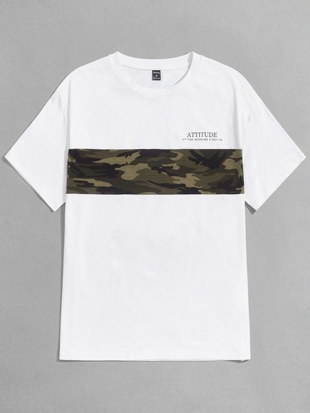 

men slogan & camo print tee u3bb#, White;black