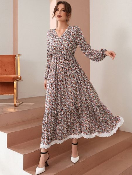 

ditsy floral guipure lace detail ruffle hem bishop sleeve dress t20m#, Black;gray