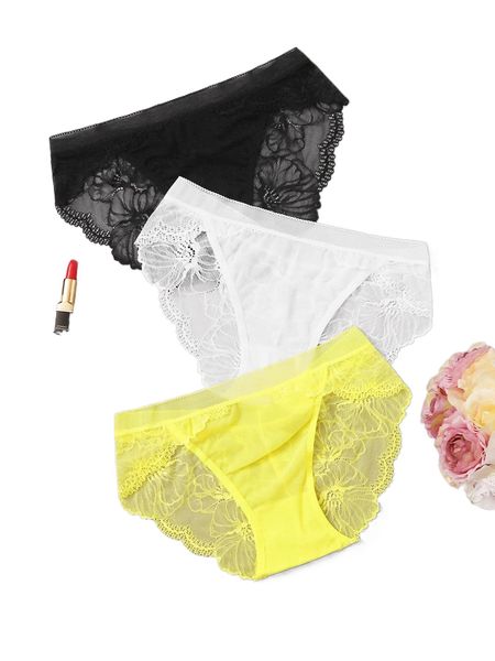 

3pack floral lace sheer panty set a1au#, Black;red