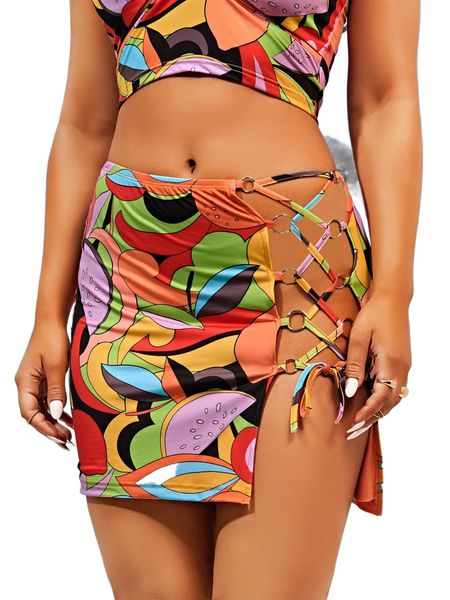 

graphic lace up o-ring skirt o1ki#, Black