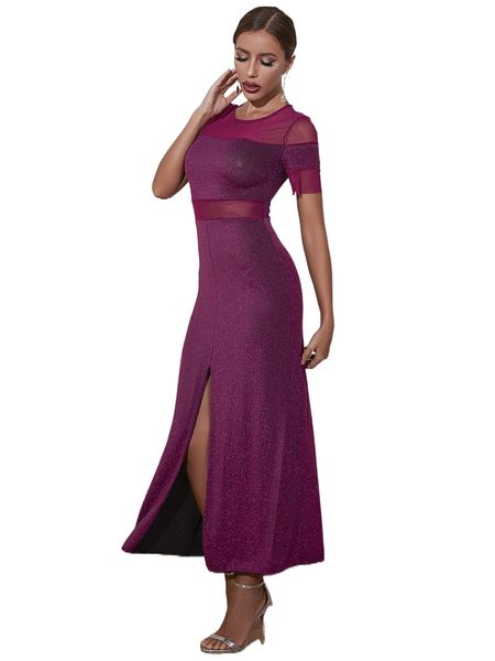 

glitter contrast mesh split thigh dress 388h#, Black;gray