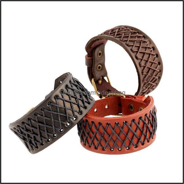 Braccialetti da tennis Gioielli Stile casual Uomo Cordoncino intrecciato Bracciale in pelle Braccialetti 3 colori Cintura placcata oro B Dhxns