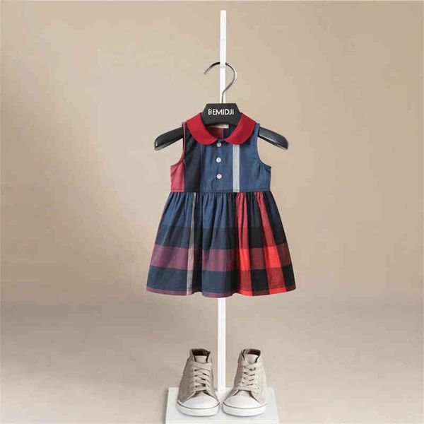 2022 design di lusso neonate vestono bambini plaid cotone carino partito Inghilterra abiti da principessa estate senza maniche vestiti dolci G220506