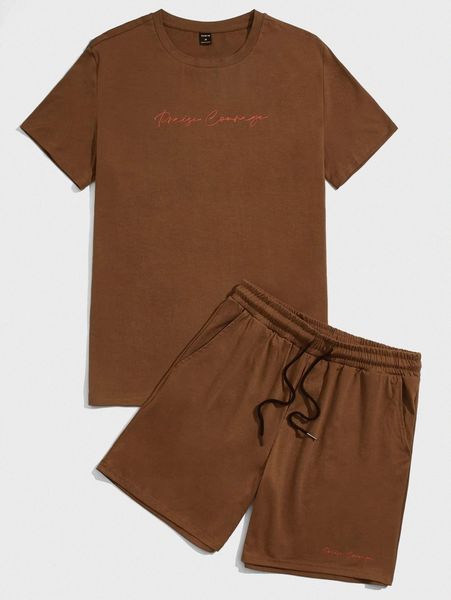 

men letter graphic tee & drawstring waist shorts j8a5#, Gray