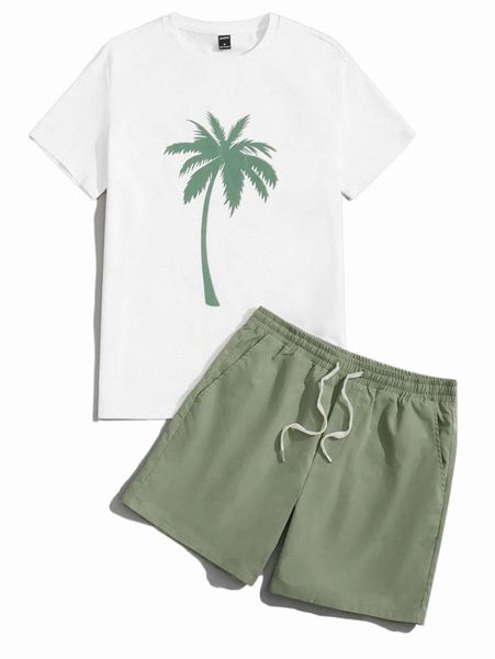 

men palm tree print tee & drawstring waist shorts k6ki#, Gray