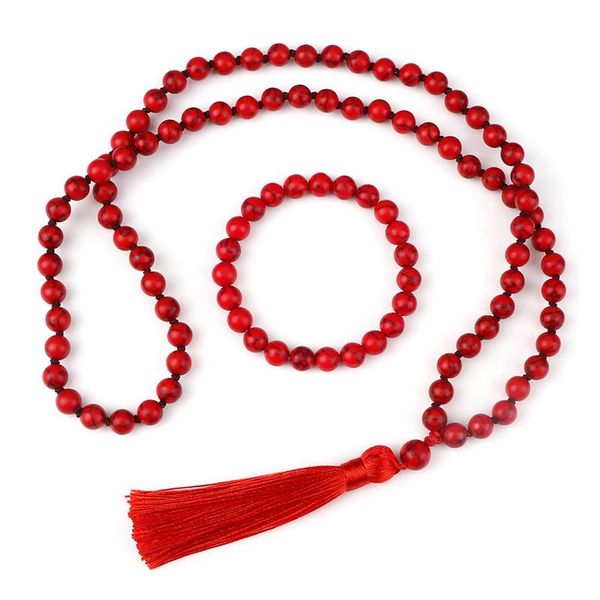 Brincos Colar Red Stone Natural Stone Japamala Homens de alta qualidade Breads Mala Set Meditation Tassel Tassel Women Jewelryearrings