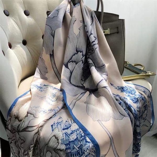 

women silk winter scarf luxury design print lady beach shawl scarf fashion smooth foulard female hijab 220718, Blue;gray